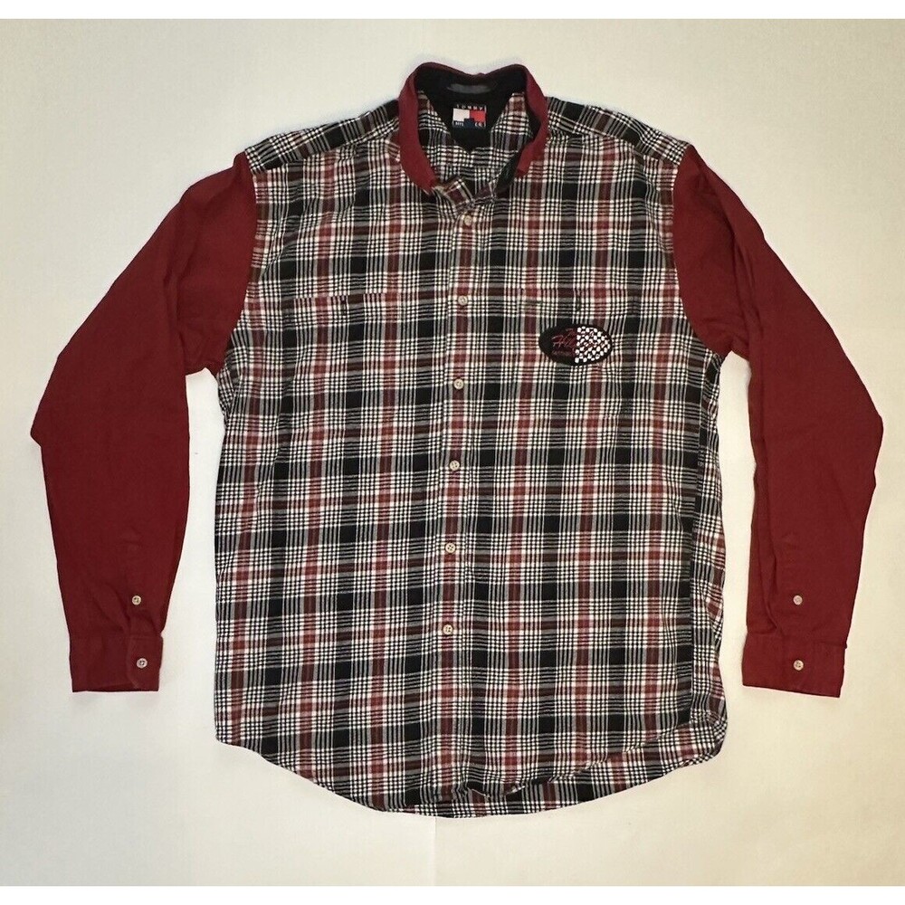 Tommy Hilfiger Shirt Men’s Motorcycle Plaid Red Button Down Vtg. (L - XL) READ